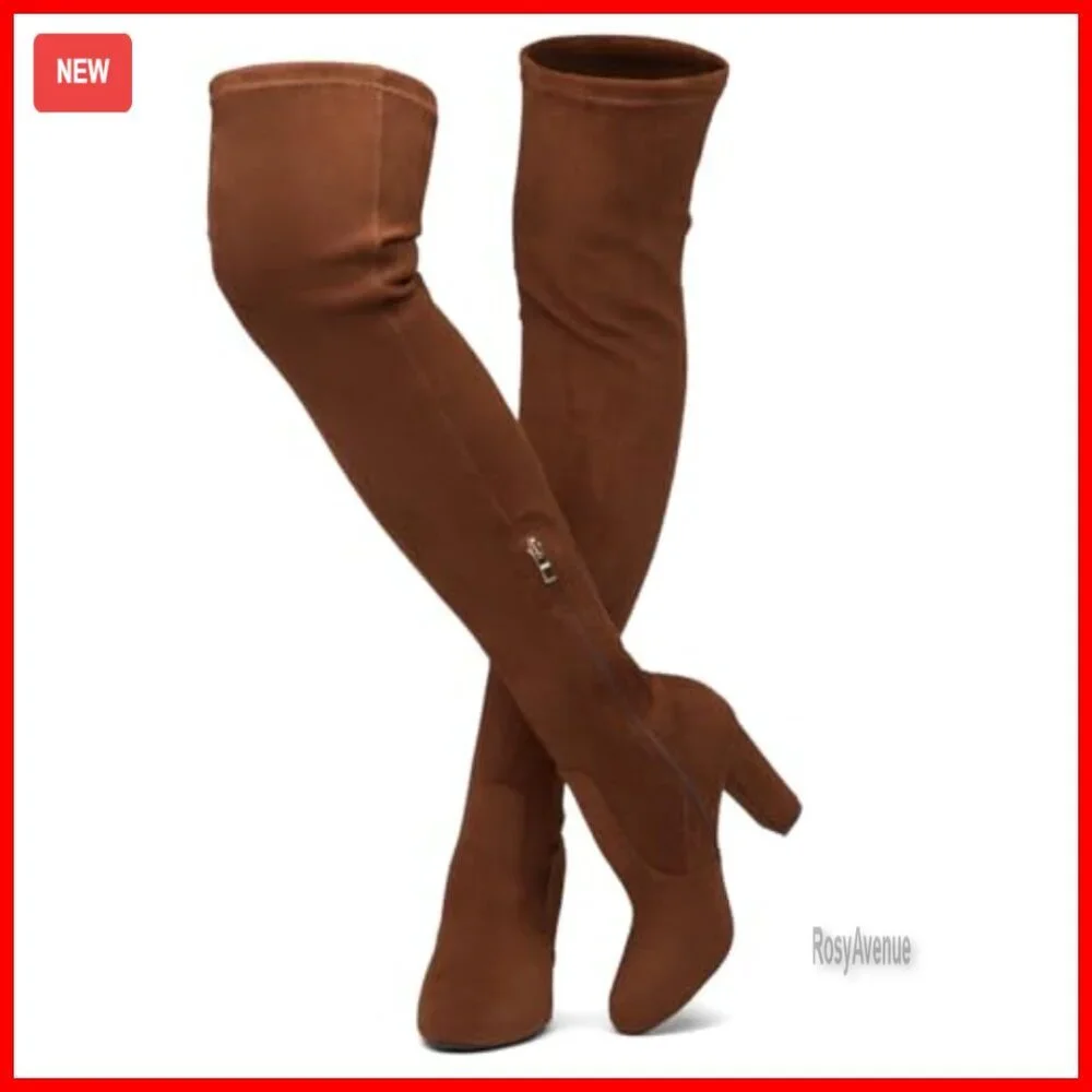 Women's Over the Knee Thigh High Boots Chunky Block Heels Stretch Vegan Suede